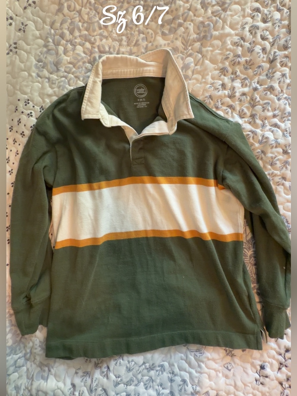 Little boys wonder nation Olive Green, White & Gold Striped Rugby Shirt